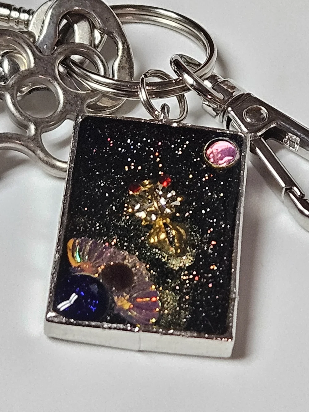 Resin Celestial Pond Koi Fish Rectangle Keychain Bag Charm with Sparkle Accents